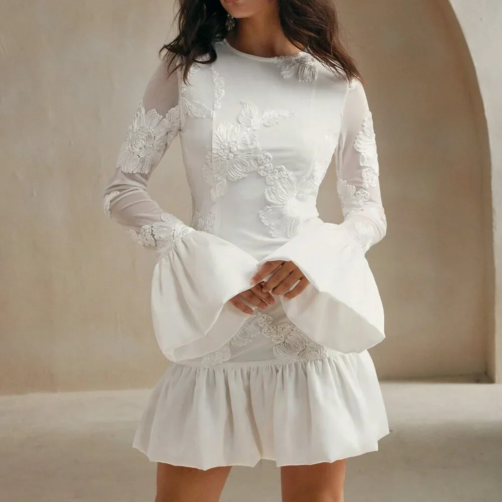 White Elegant Women's French Embroidered Fitted Floral Midi Dress - Picture 4 of 7